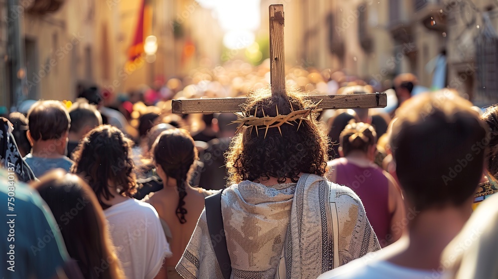 People carrying Jesus cross. Holy Week Procession - obrazy, fototapety, plakaty 