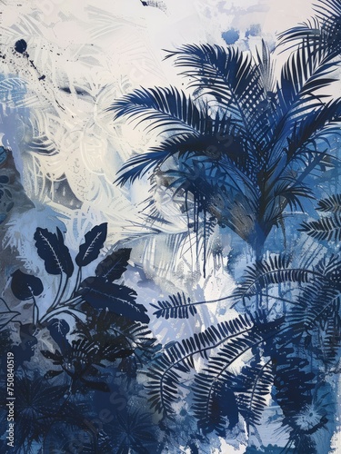 A painting on a wall depicting blue and white leaves in a stylized manner  showcasing botanical elements in an artistic composition.