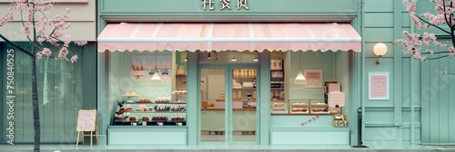 A minimalist and charming front view of a bakery shop adorned with delicate little flowers in shades of white, pink, and pastel green