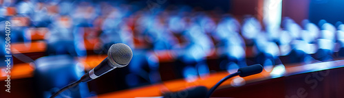 Focused image of a microphone set against a blurred background of an audience in a conference room, highlighting public speaking