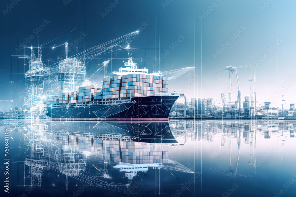 Obraz premium An industrial marine vessel laden with cargo containers, illustrating international freight transportation. Suitable for poster, brochure, or flyer design purposes.