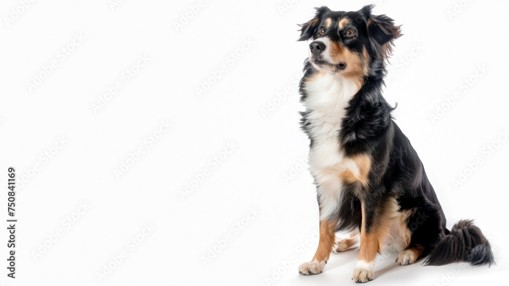 A curious black and tan dog gazes to the side with perked ears in a white studio environment