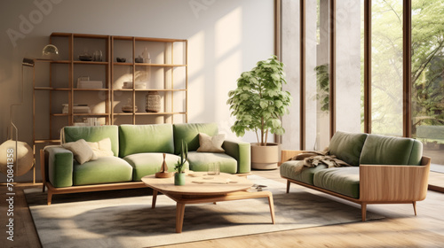 A modern living room featuring sustainable furnishings with a natural wood coffee table, two comfy armchairs, and a plush green sofa