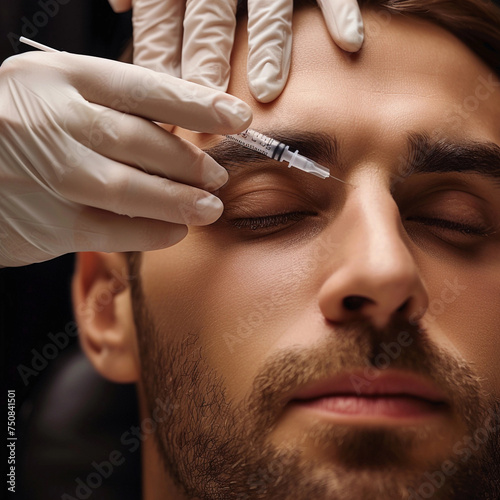 Man receiving neurotoxin injection. man receiving injections in nose. Nurse giving man cosmetic injection into face on dark background. Botulinum Toxin Injection photo