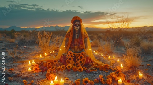 Dia de los Muertos or Cinco de Mayo Celebration.. La llorona, La Santa Muerte. Mexican Skull adorned with flowers at an altar in the desert.