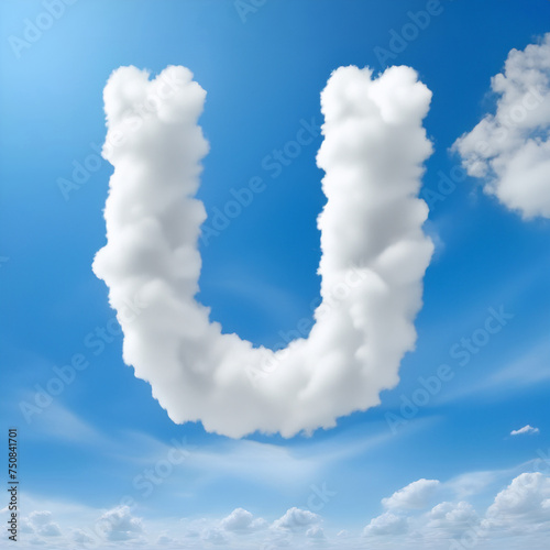 Letter U made of clouds. Alphabet shape clouds in a blue sky. AI image.