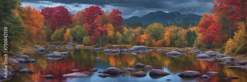 Awe-inspiring autumn landscape: trees, rocks, and lake water create a breathtaking scene under the cloudy sky