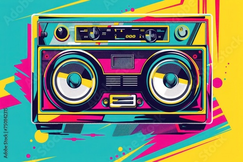 Vibrant and stylized illustration of a retro boombox. Pop art and graffiti art style from the 80s and 90s.