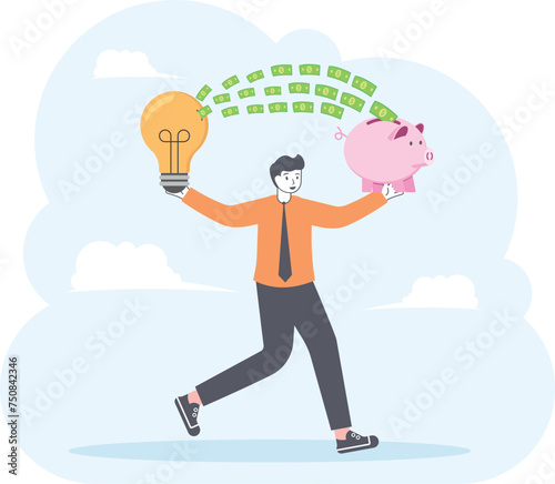 Businessman holding idea light bulb saving money, illustration vector cartoon

