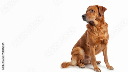 A golden brown dog sits with regal posture looking to the side  isolated on a white backdrop