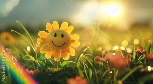 Smiley flower in the field with sunrays and rainbow.