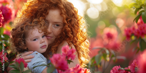 Mother day banner. Curly red haired freckled mother hugs her small daughter in blooming summer garden.