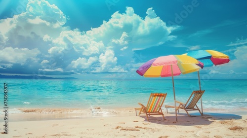 Beach chair with a colorful umbrella on the seashore  sunny summer day. Summer vacation  vacation and travel.