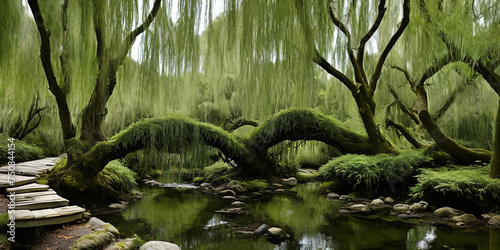 Whispering Willow Grove. Beneath ancient willow trees, their long branches trailing in a silver rive