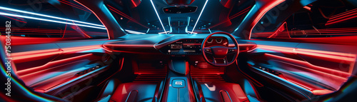 The interior of a futuristic car bathed in neon lights, showcasing a sleek design with advanced technology and vibrant color accents