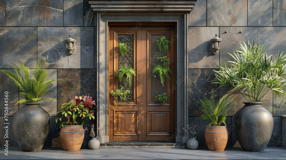 Classic-modern fusion, wooden door, stained glass, mix of plants on glossy stone.