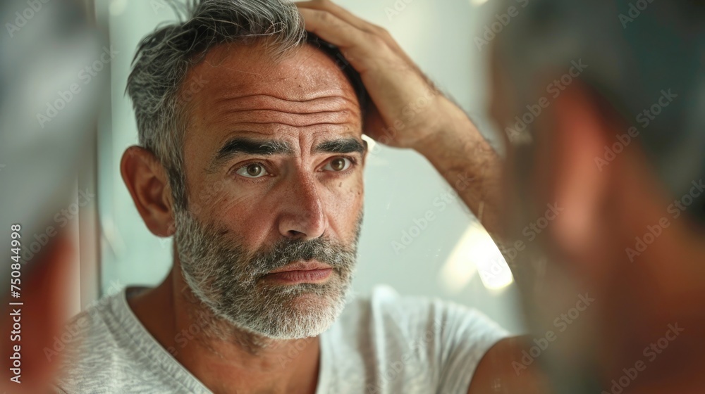 Obraz premium A middle-aged man looking at himself in the mirror with a contemplative expression, reflecting on identity and self-image challenges during andropause