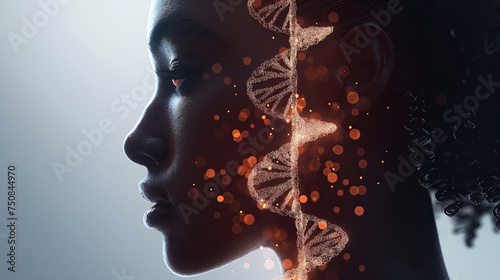 A rotating DNA spiral against the silhouette of a woman s head. Concept of the Genetic test. 
