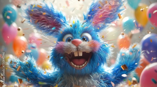 A cheerful cartoon blue hare is having fun on the background of festive balloons. The concept of the holiday. 3d illustration