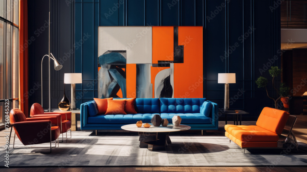 A modern living room with an exciting color blocking of navy blue and orange A modern living room with an exciting color blocking of navy blue and orange