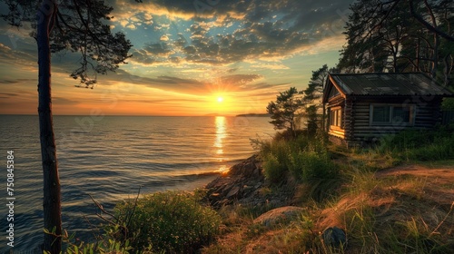 A small hut in a pine forest on the seashore. Sunset. Summer vacation, vacation and travel. photo