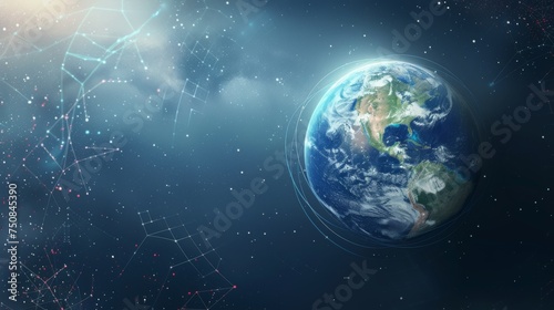 This image captures the essence of Earth in orbit, encased in a web of digital lines, signifying the role of technology in global ecology for Earth Day.