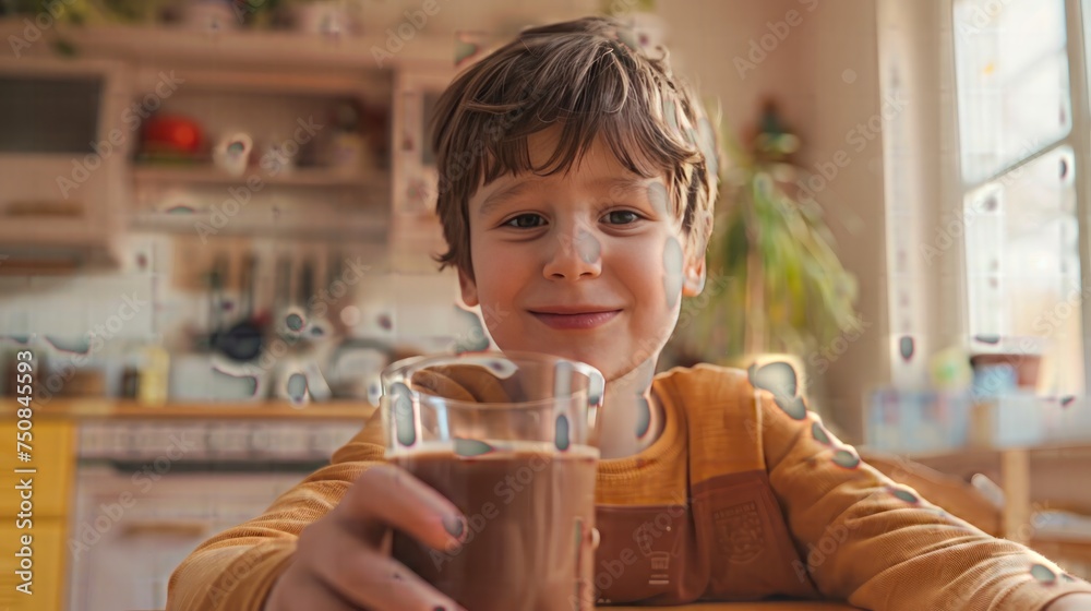 kid holding a glass of chocolate milk, dining table scene, family-oriented products, breakfast scenes kid holding a glass of chocolate milk, dining table scene, family-oriented products, breakfast scenes