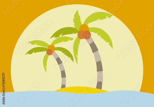 Paisaje de una isla con palmeras en un atardecer. 