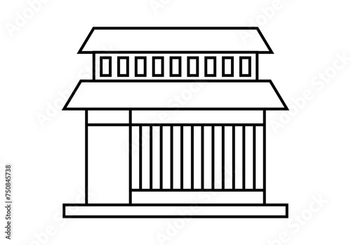 Icono negro de templo y edificio asiático en fondo blanco. 