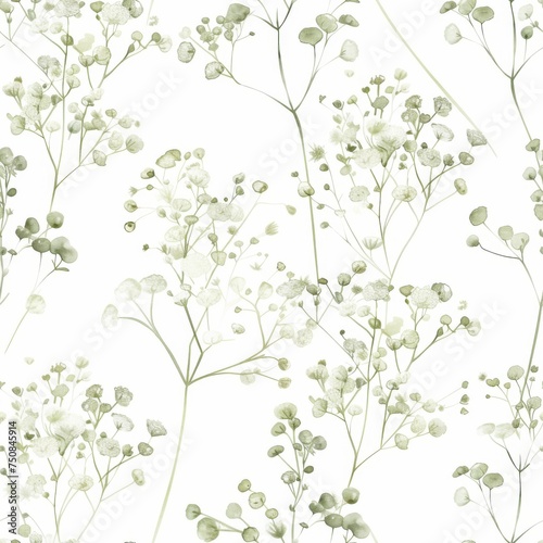 Wallpaper Mural A seamless watercolor pattern of baby's breath and leaves in mint, embodying the tranquility and beauty of nature. Torontodigital.ca