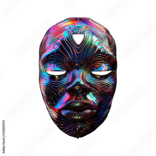 African  totem voodoo mask. Fluid, holographic, metallic, gradient colors on transparent background © KseniWo