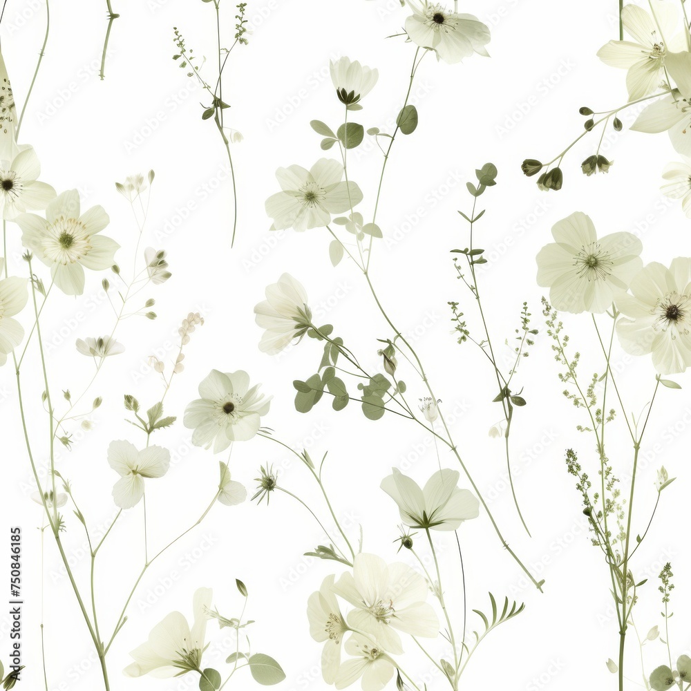 A seamless design with whimsical white flowers and verdant sprigs, offering a fresh and delicate look for textiles and decor. A seamless design with whimsical white flowers and verdant sprigs, offering a fresh and delicate look for textiles and decor.