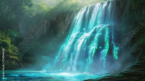 A majestic waterfall cascades into a tranquil pool, its waters illuminated with a radiant glow, surrounded by the lush greenery of a tropical jungle.