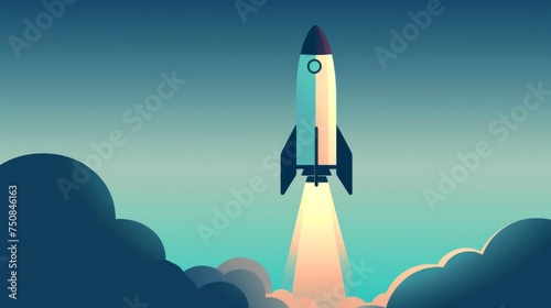An illustration of a sleek, modern rocket piercing through clouds, symbolizing the ambitious spirit of space exploration on the International Day of Human Space Flight.
