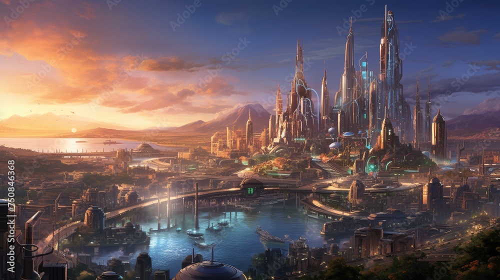Vibrant growth engine powering a futuristic city with advanced tech and fantasy elements