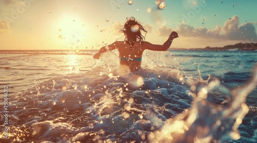 A girl runs into the water for a swim. Splashes of water. View from the back. Summer vacation, vacation and travel.