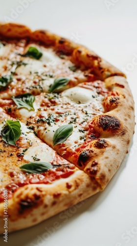 This full Margherita pizza is beautifully charred and adorned with basil accents, inviting a mouthwatering experience with each bite.