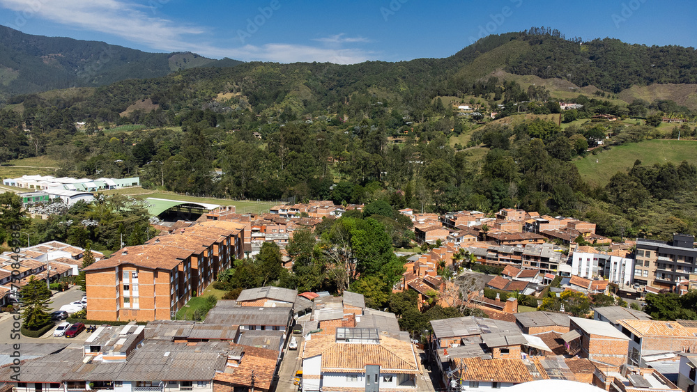 El Retiro, Antioquia - Colombia - March 2, 2024. Aerial view with drone of the municipality, located in the east of the department