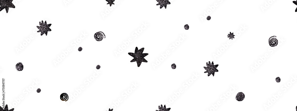 Cute seamless pattern with hand-drawn doodle stars and space bodies. Black and white doodle pattern. Open space. Space background. Cute baby background for children's room Cute seamless pattern with hand-drawn doodle stars and space bodies. Black and white doodle pattern. Open space. Space background. Cute baby background for children's room