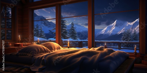 On a cold winter night, a cozy bed with fluffy pillows is framed by a large window that overlooks a serene snow-covered landscape, providing an inviting and peaceful refuge from the world outside photo
