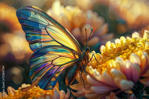 a close-up butterfly with rainbow colour wings, perched on top of a chrysanthemum flower
