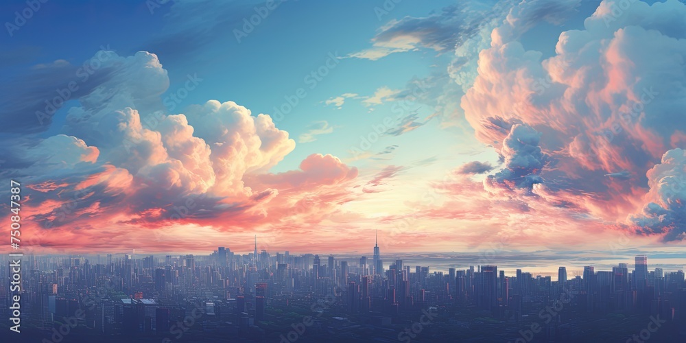 Late dusk with beautiful Heavenly sky over tokyo like city sky. city Sunset clouds abstract illustration. Wide format. Hope, divine, heavens concept. - obrazy, fototapety, plakaty 