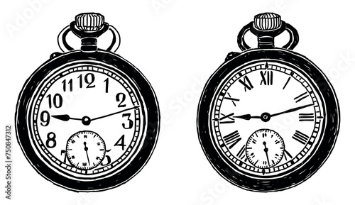 Old pocket watch drawings,black and white vector illustration isolated on white