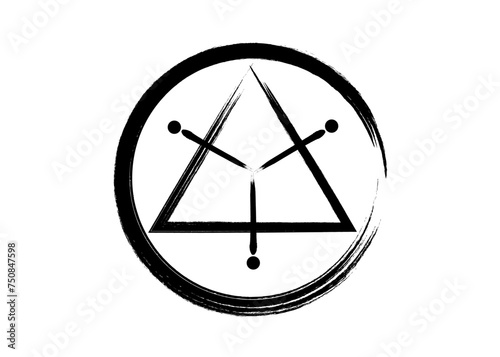 sacred geometrical figure of a circle inscribed in a triangle, the vector logo tattoo mythological symbol round triangle, grunge paint brush style isolated on white background 