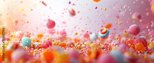 Magical explosion of colorful candies and glitter  with a dreamy bokeh effect and pastel tones.