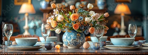 Table served for Easter celebration. Plates , glasses and vase with spring flowers. Seasonal holiday concept.