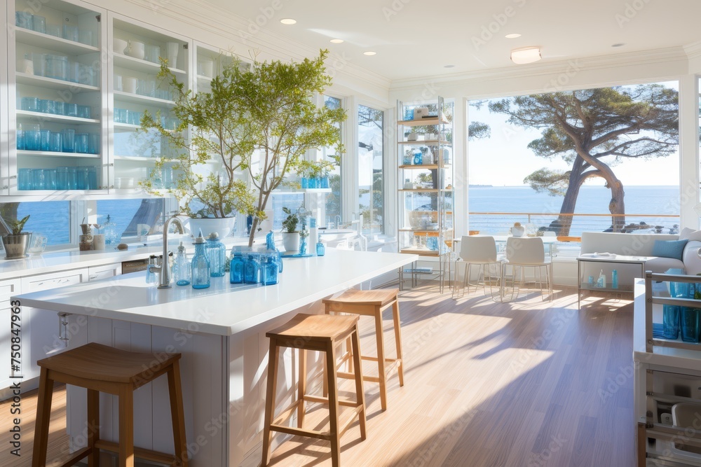 Fototapeta premium Sunlight streaming through glass walls of modern laboratories blending technology with nature