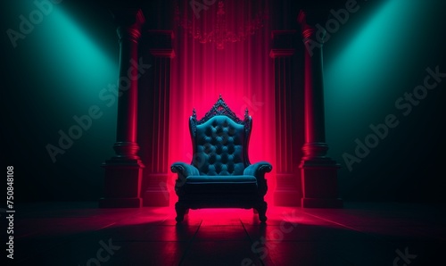 A throne stands alone in an empty room neon lights casting shadows