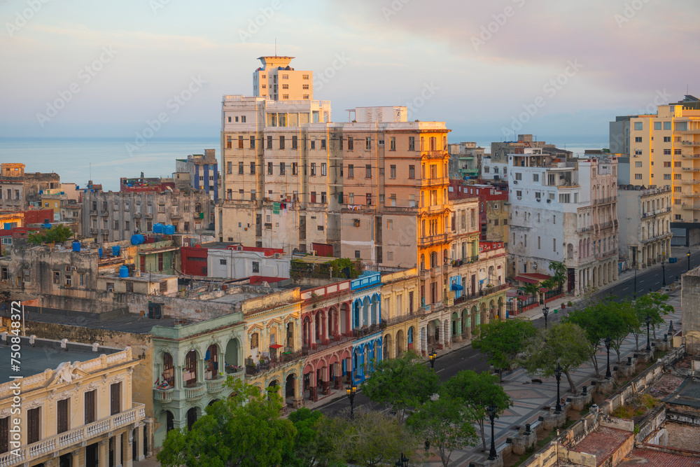 Paseo del Prado aerial view with modern skyscrapers in Vedado with the morning light in Havana, Cuba. Old Havana is a World Heritage Site. 