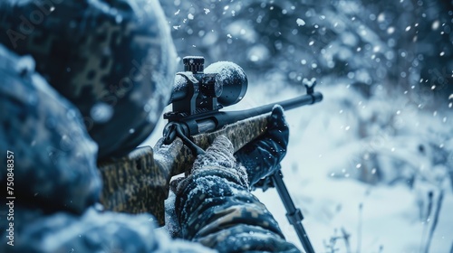 A skilled sniper, bundled in winter gear, holds a sniper rifle with an optical sight, aiming stealthily in a snowy landscape photo